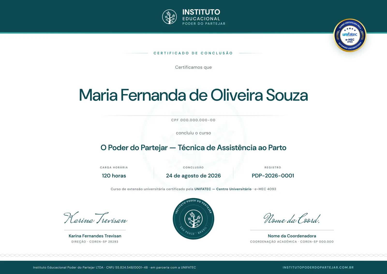 Certificado de conclusão do curso, com o selo da UNIFATEC